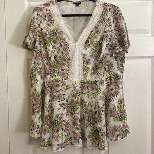 Torrid Floral Blouse Lace Boho Plus Size Size 1 Purple Green White